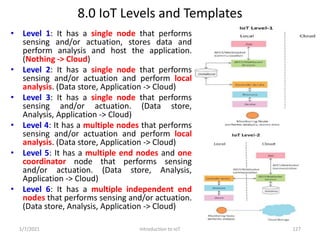 8.0 IoT Levels and Templates
1/7/2021 Introduction to IoT 127
• Level 1: It has a single node that performs
sensing and/or...