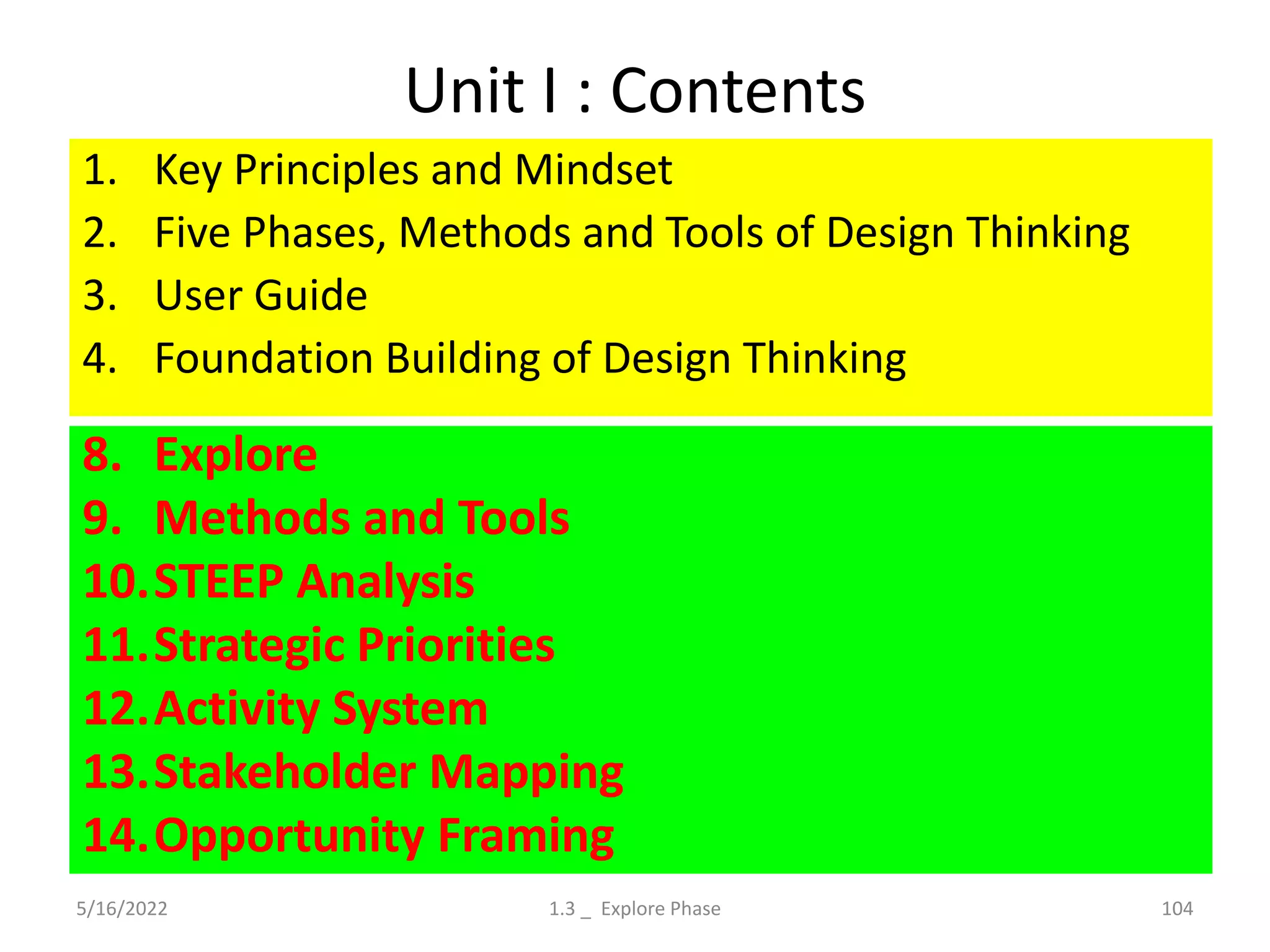 Unit I : Contents
1. Key Principles and Mindset
2. Five Phases, Methods and Tools of Design Thinking
3. User Guide
4. Foundation Building of Design Thinking
5/16/2022 104
1.3 _ Explore Phase
8. Explore
9. Methods and Tools
10.STEEP Analysis
11.Strategic Priorities
12.Activity System
13.Stakeholder Mapping
14.Opportunity Framing
 