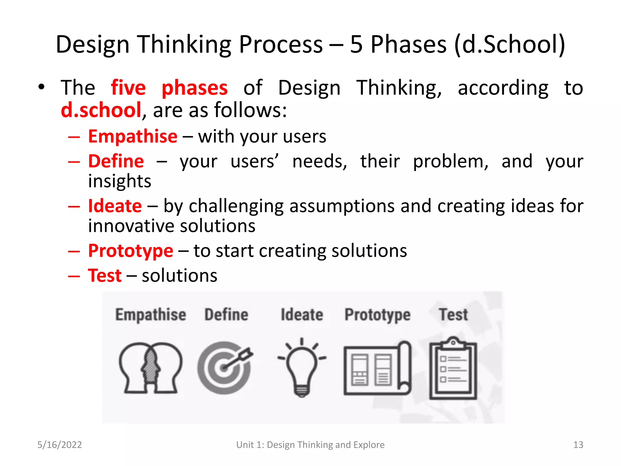 Design Thinking Process – 5 Phases (d.School)
• The five phases of Design Thinking, according to
d.school, are as follows:
– Empathise – with your users
– Define – your users’ needs, their problem, and your
insights
– Ideate – by challenging assumptions and creating ideas for
innovative solutions
– Prototype – to start creating solutions
– Test – solutions
5/16/2022 Unit 1: Design Thinking and Explore 13
 