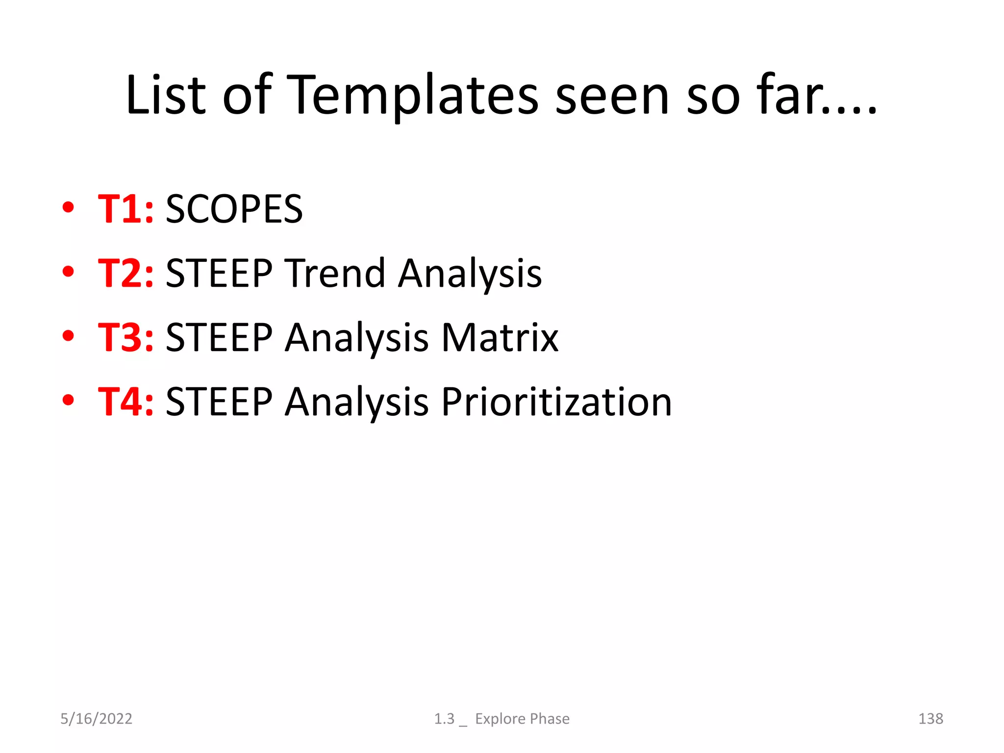 List of Templates seen so far....
• T1: SCOPES
• T2: STEEP Trend Analysis
• T3: STEEP Analysis Matrix
• T4: STEEP Analysis Prioritization
5/16/2022 1.3 _ Explore Phase 138
 