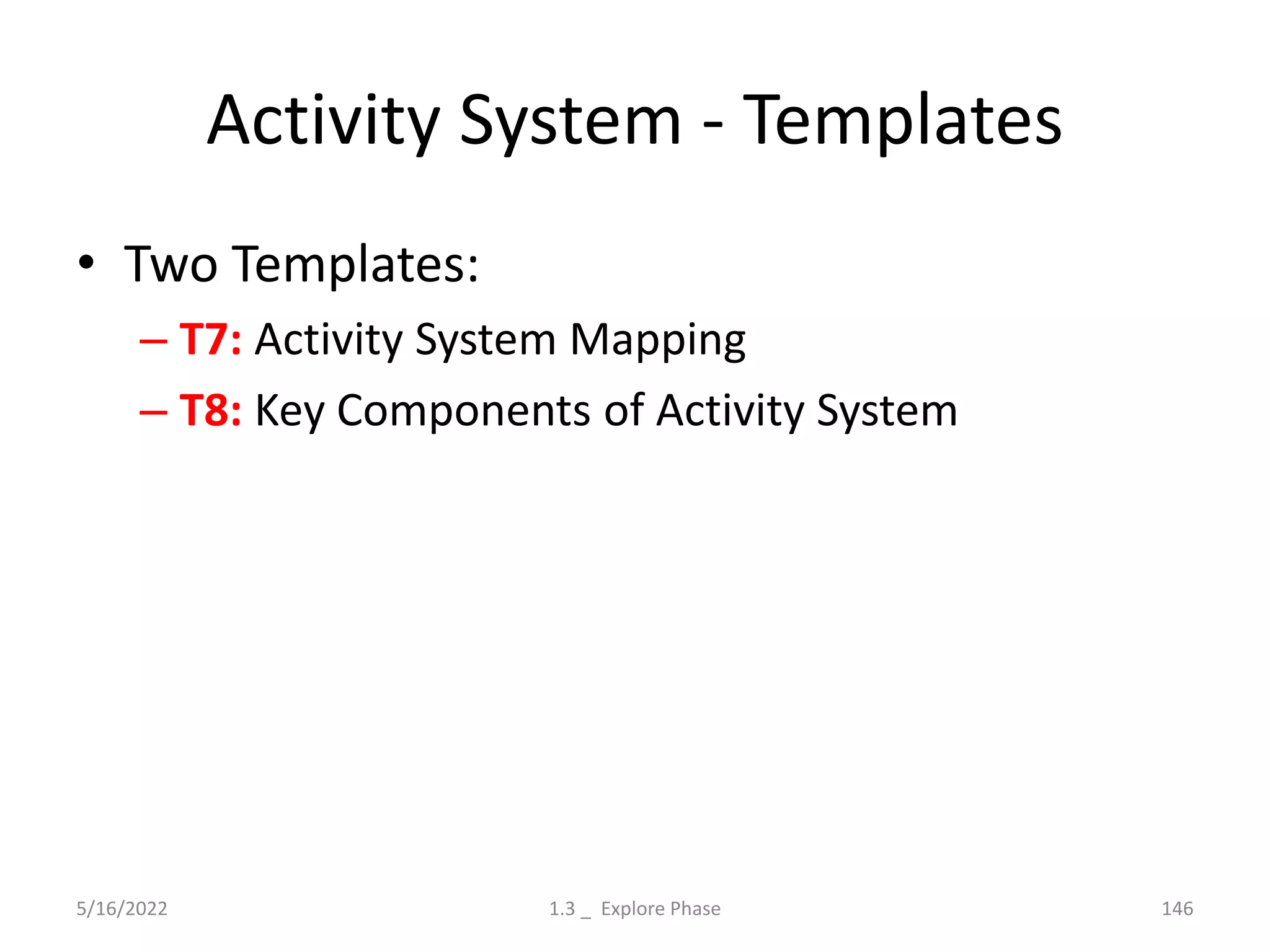 Activity System - Templates
5/16/2022 1.3 _ Explore Phase 146
• Two Templates:
– T7: Activity System Mapping
– T8: Key Components of Activity System
 