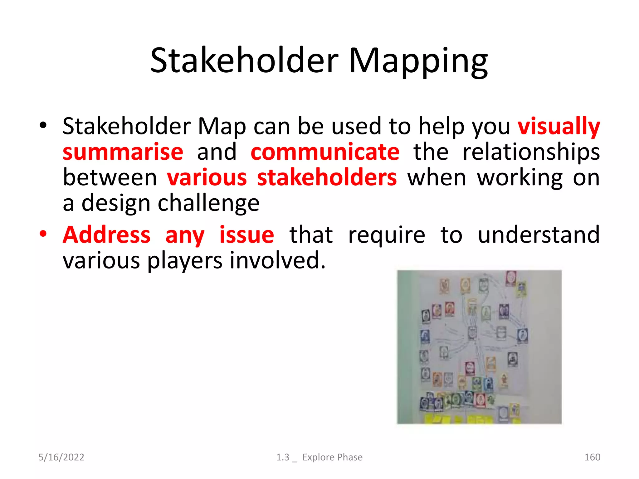 Stakeholder Mapping
• Stakeholder Map can be used to help you visually
summarise and communicate the relationships
between various stakeholders when working on
a design challenge
• Address any issue that require to understand
various players involved.
5/16/2022 1.3 _ Explore Phase 160
 