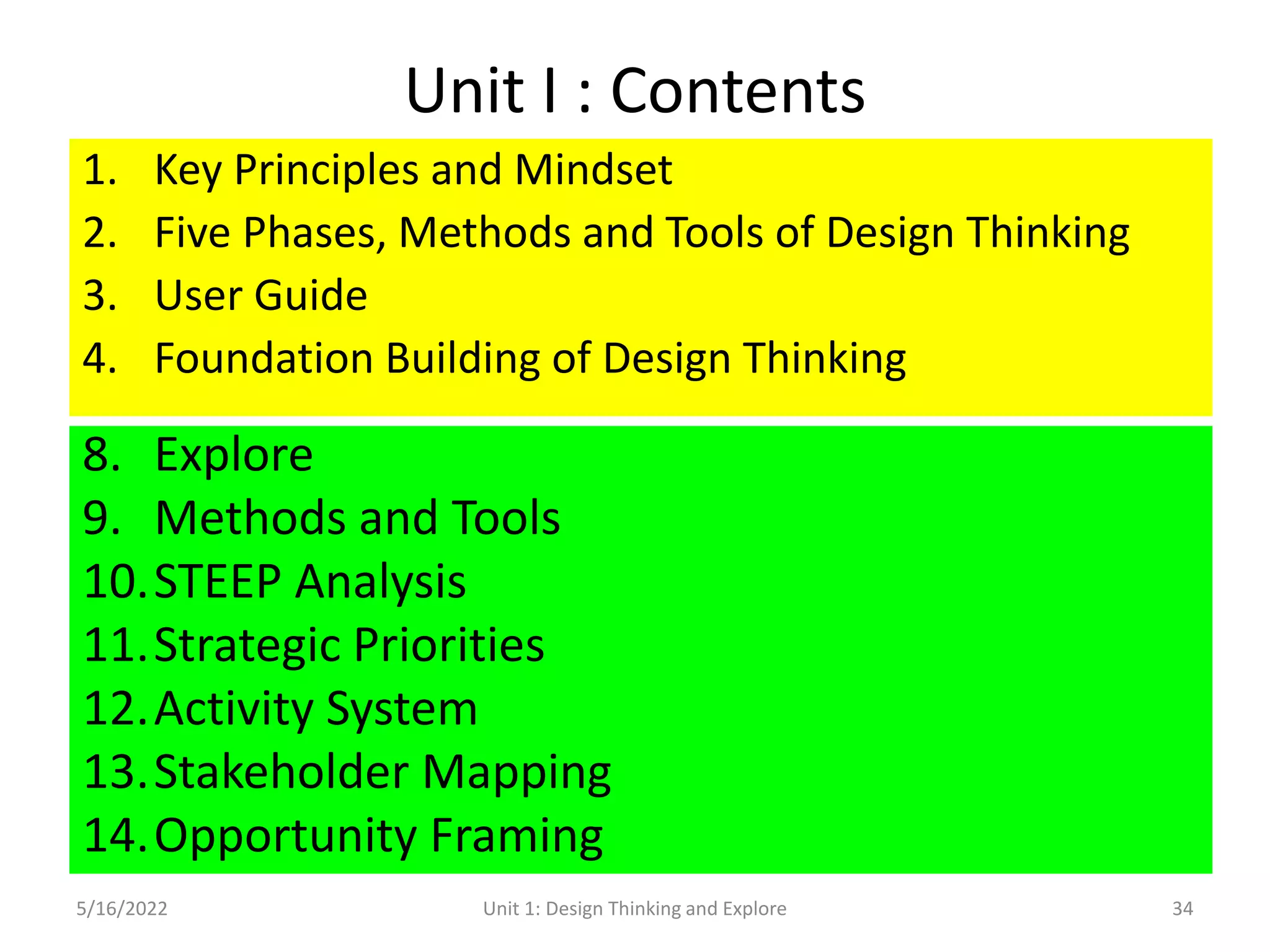 Unit I : Contents
1. Key Principles and Mindset
2. Five Phases, Methods and Tools of Design Thinking
3. User Guide
4. Foundation Building of Design Thinking
5/16/2022 34
Unit 1: Design Thinking and Explore
8. Explore
9. Methods and Tools
10.STEEP Analysis
11.Strategic Priorities
12.Activity System
13.Stakeholder Mapping
14.Opportunity Framing
 