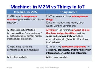 Machines in M2M vs Things in IoT
Machines in M2M Things in IOT
M2M uses homogeneous
machine types within a M2M area
netwo...