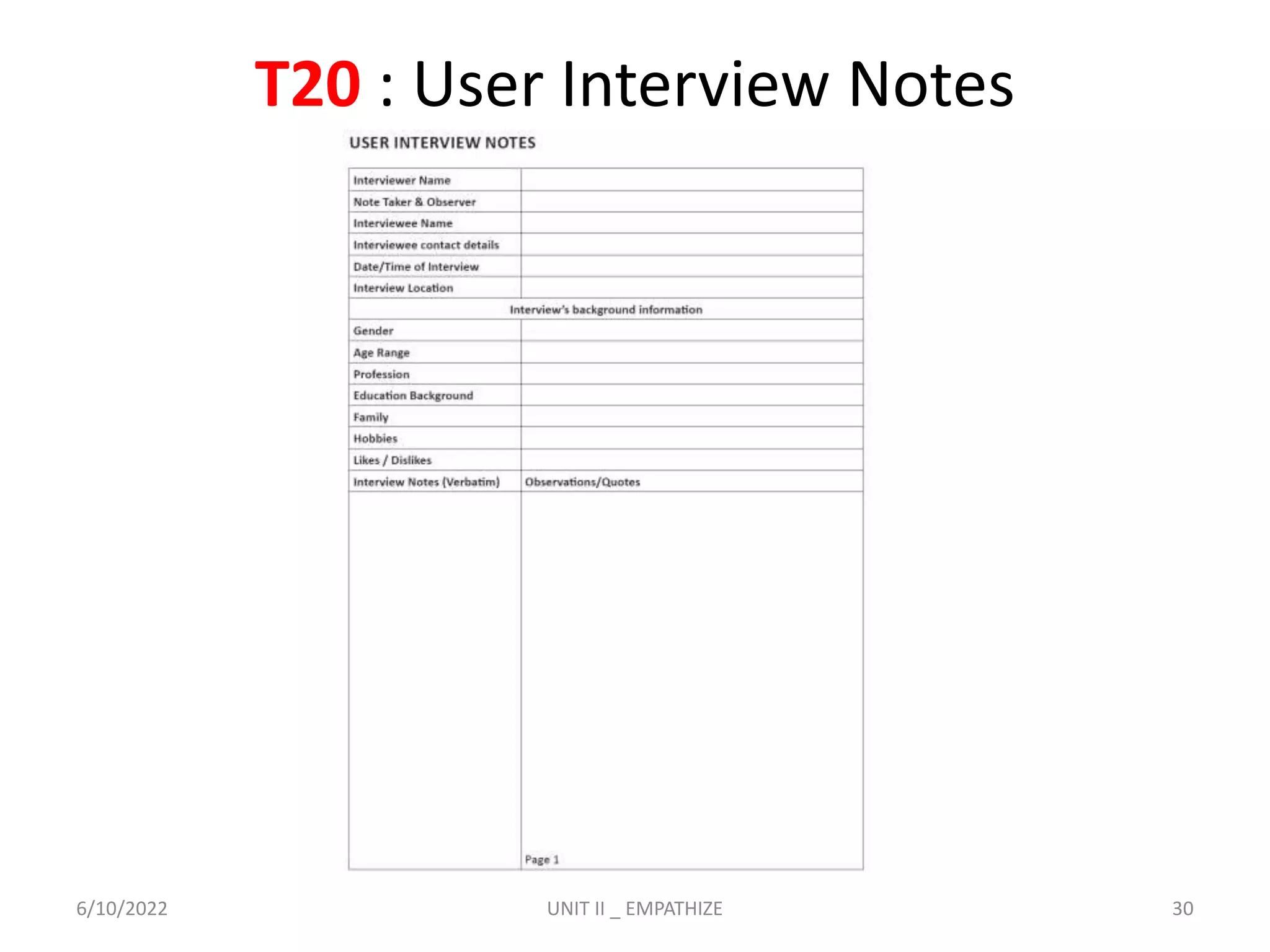 T20 : User Interview Notes
6/10/2022 UNIT II _ EMPATHIZE 30
 