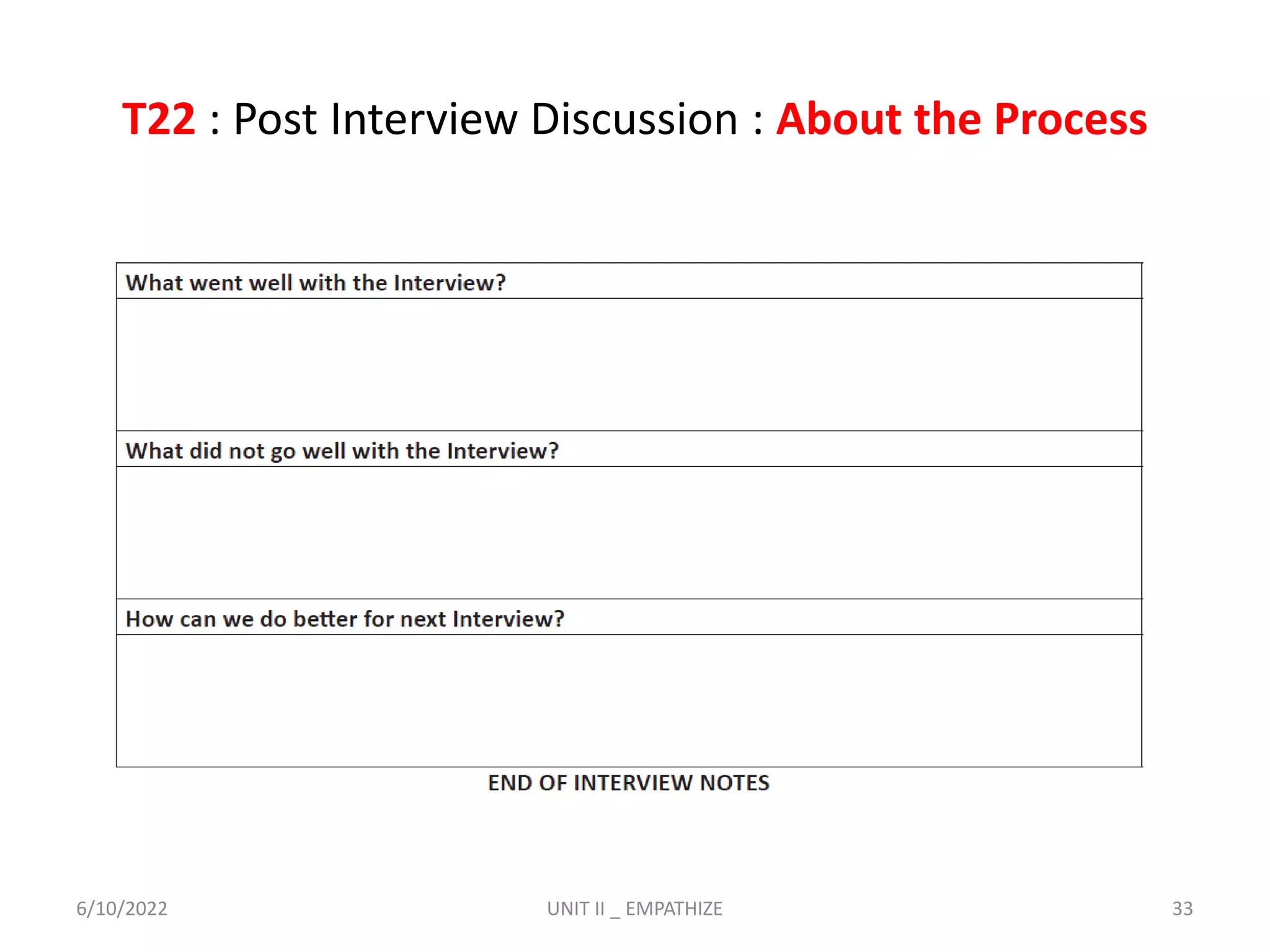T22 : Post Interview Discussion : About the Process
6/10/2022 UNIT II _ EMPATHIZE 33
 
