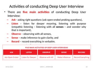 09/01/2025 UNIT II _ EMPATHIZE 29
Activities of conducting Deep User Interview
• There are five main activities of conducting Deep User
Interview:
– Ask - asking right questions (ask open-ended probing questions),
– Listen – listen for deeper meaning, listening with purpose
(empathic listening – listening with all senses – and wonder why
that is important),
– Observe – observing with all senses,
– Sense – make inference to gain clarity, and
– Record – record everything in verbatim.
 
