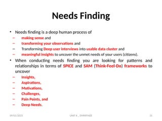09/01/2025 UNIT II _ EMPATHIZE 35
Needs Finding
• Needs finding is a deep human process of
– making sense and
– transforming your observations and
– Transforming Deep user interviews into usable data cluster and
– meaningful insights to uncover the unmet needs of your users (citizens).
• When conducting needs finding you are looking for patterns and
relationships in terms of SPICE and SAM (Think-Feel-Do) frameworks to
uncover
– Insights,
– Aspirations,
– Motivations,
– Challenges,
– Pain Points, and
– Deep Needs.
 