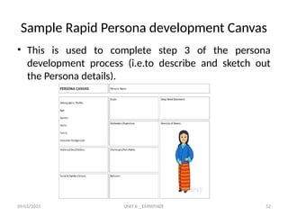 09/01/2025 UNIT II _ EMPATHIZE 52
Sample Rapid Persona development Canvas
• This is used to complete step 3 of the persona
development process (i.e.to describe and sketch out
the Persona details).
 