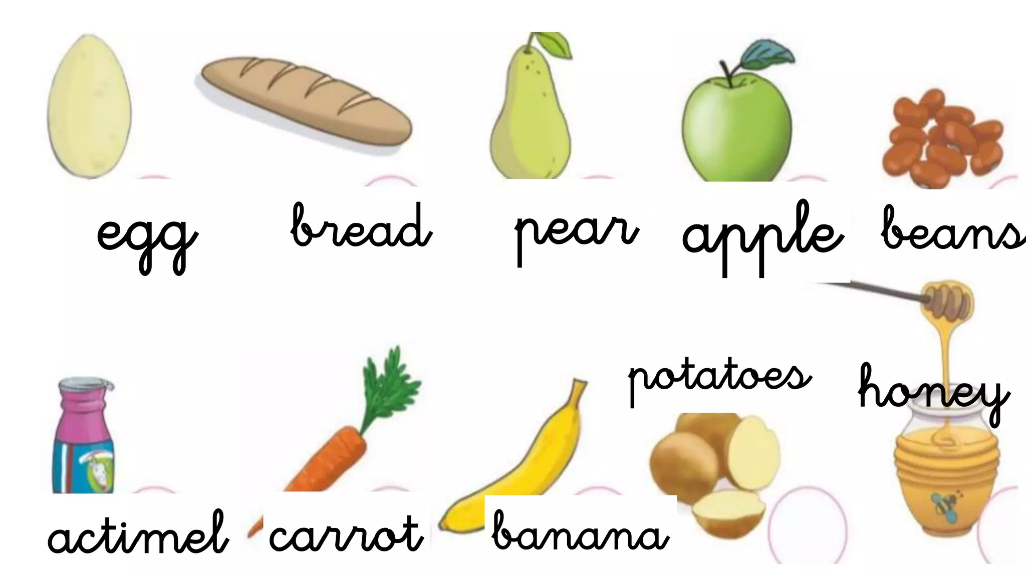 egg bread pear apple beans
carrot banana
potatoes honey
actimel