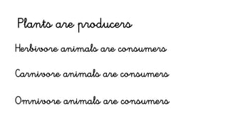 Plants are producers
Herbivore animals are consumers
Carnivore animals are consumers
Omnivore animals are consumers
 