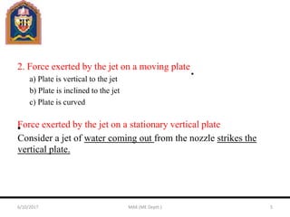 2. Force exerted by the jet on a moving plate
a) Plate is vertical to the jet
b) Plate is inclined to the jet
c) Plate is curved
Force exerted by the jet on a stationary vertical plate•
Consider a jet of water coming out from the nozzle strikes the
vertical plate.
6/10/2017 MAK (ME Deptt.) 5
 