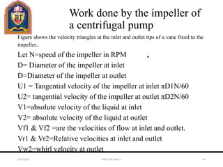 Work done by the impeller of
a centrifugal pump
Figure shows the velocity triangles at the inlet and outlet tips of a vane fixed to the
impeller.
Let N=speed of the impeller in RPM
D= Diameter of the impeller at inlet
D=Diameter of the impeller at outlet
U1 = Tangential velocity of the impeller at inlet πD1N/60
U2= tangential velocity of the impeller at outlet πD2N/60
V1=absolute velocity of the liquid at inlet
V2= absolute velocity of the liquid at outlet
Vf1 & Vf2 =are the velocities of flow at inlet and outlet.
Vr1 & Vr2=Relative velocities at inlet and outlet
Vw2=whirl velocity at outlet
6/10/2017 MAK (ME Deptt.) 60
 