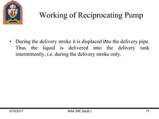 Working of Reciprocating Pump
• During the delivery stroke it is displaced into the delivery pipe.
Thus the liquid is delivered into the delivery tank
intermittently, i.e. during the delivery stroke only.
6/10/2017 MAK (ME Deptt.) 71
 