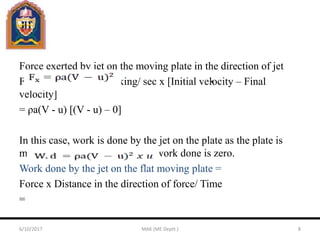 Force exerted by jet on the moving plate in the direction of jet
Fx = Mass of water striking/ sec x [Initial velocity – Final
velocity]
= ρa(V - u) [(V - u) – 0]
In this case, work is done by the jet on the plate as the plate is
moving, for stationary plate the work done is zero.
Work done by the jet on the flat moving plate =
Force x Distance in the direction of force/ Time
=
6/10/2017 MAK (ME Deptt.) 8
 