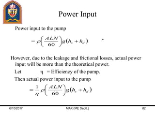 Power Input
Power input to the pump
However, due to the leakage and frictional losses, actual power
input will be more than the theoretical power.
Let η = Efficiency of the pump.
Then actual power input to the pump
 ds hhg
ALN







60

 ds hhg
ALN







60
1


6/10/2017 MAK (ME Deptt.) 82
 