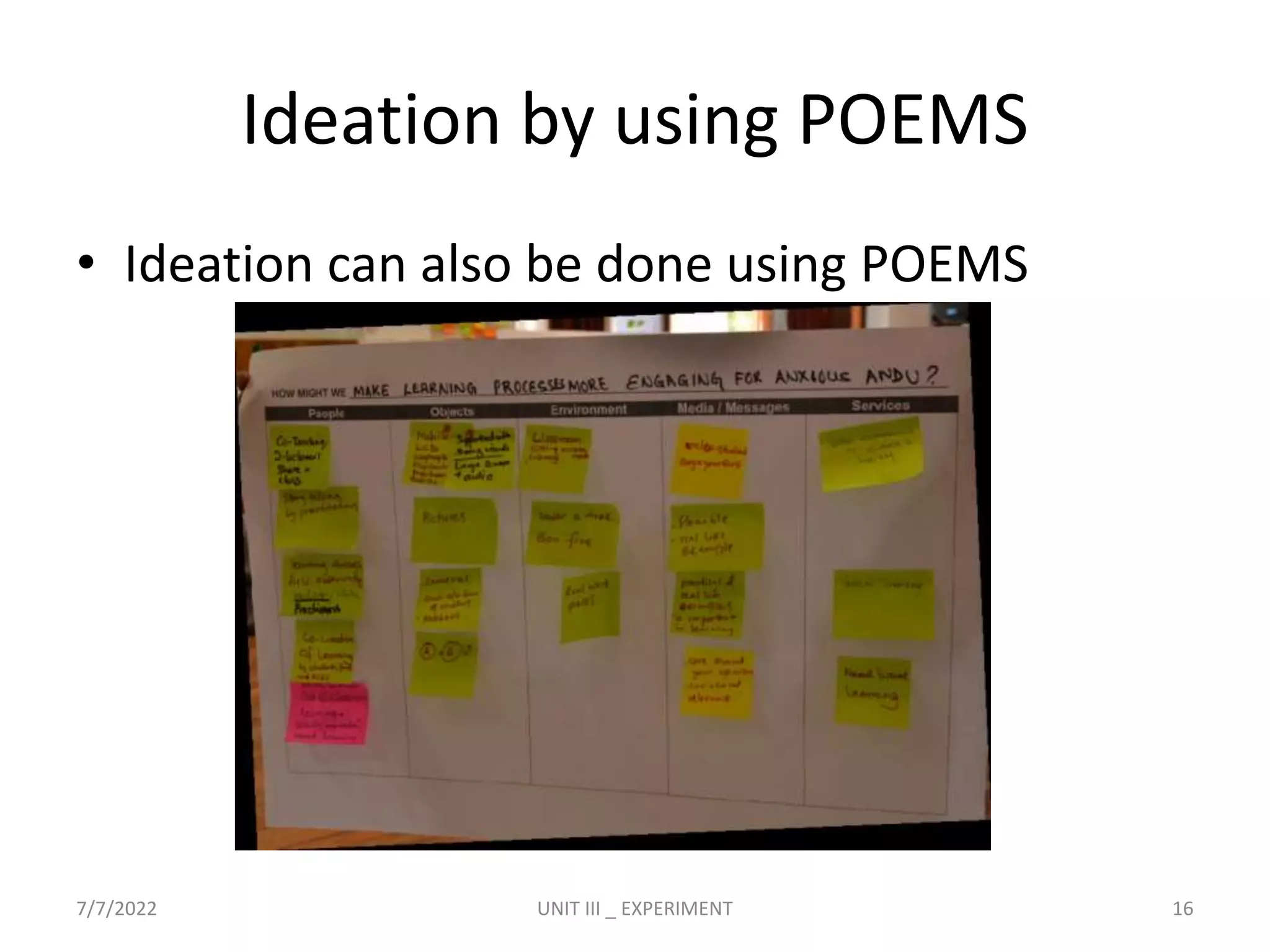 Ideation by using POEMS
• Ideation can also be done using POEMS
7/7/2022 UNIT III _ EXPERIMENT 16
 