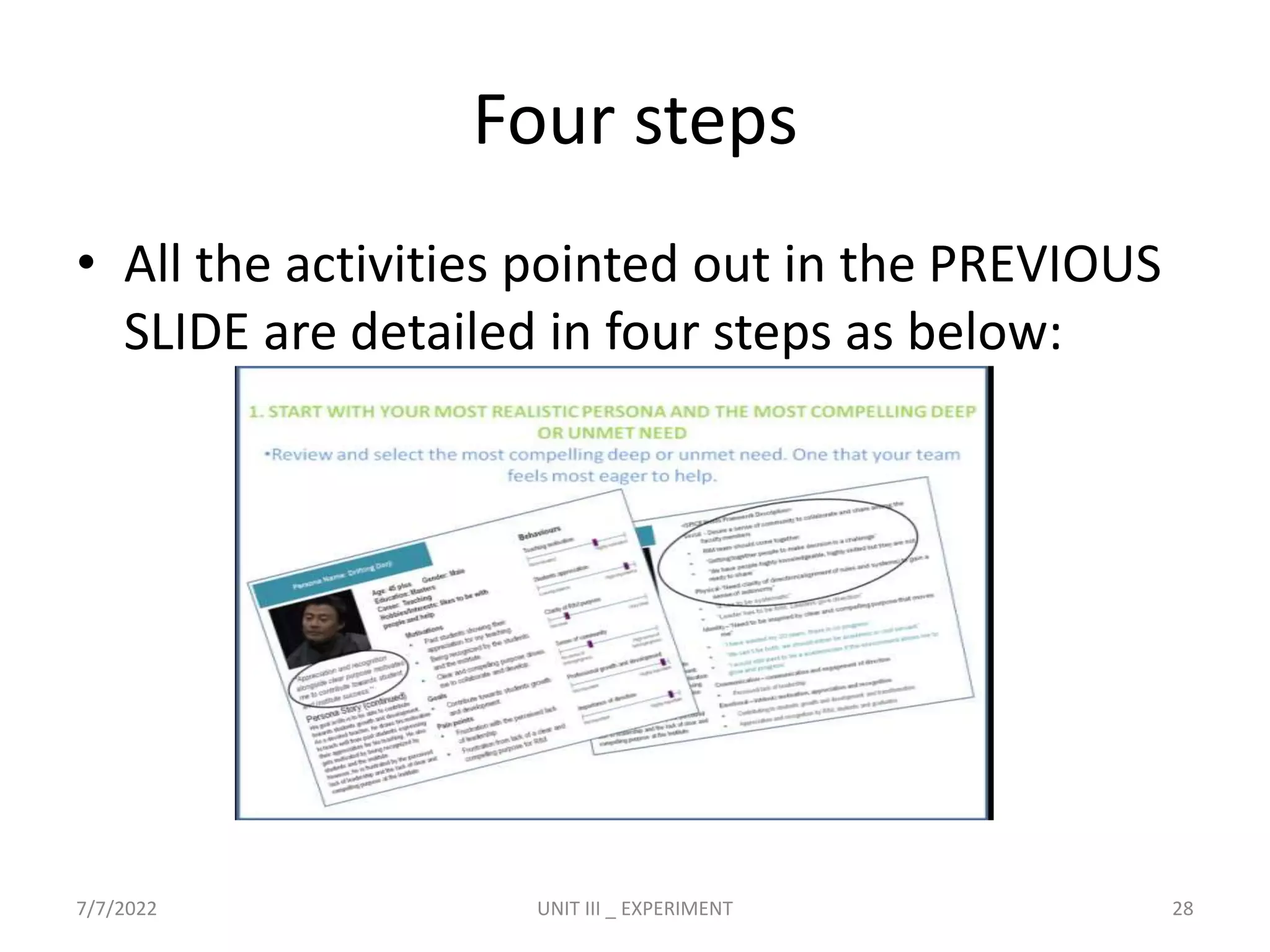 Four steps
• All the activities pointed out in the PREVIOUS
SLIDE are detailed in four steps as below:
7/7/2022 UNIT III _ EXPERIMENT 28
 