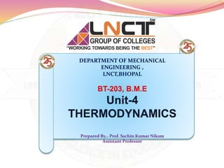 DEPARTMENT OF MECHANICAL
ENGINEERING ,
LNCT,BHOPAL
BT-203, B.M.E
Unit-4
THERMODYNAMICS
Prepared By… Prof. Sachin Kumar Nikam
Assistant Professor
 