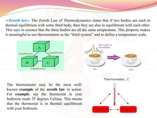 Zeroth law:- The Zeroth Law of Thermodynamics states that if two bodies are each in
thermal equilibrium with some third body, then they are also in equilibrium with each other.
This says in essence that the three bodies are all the same temperature. This property makes
it meaningful to use thermometers as the “third system” and to define a temperature scale.
The thermometer may be the most well-
known example of the zeroth law in action.
For example, say the thermostat in your
bedroom reads 35 degrees Celsius. This means
that the thermostat is in thermal equilibrium
with your bedroom.
 