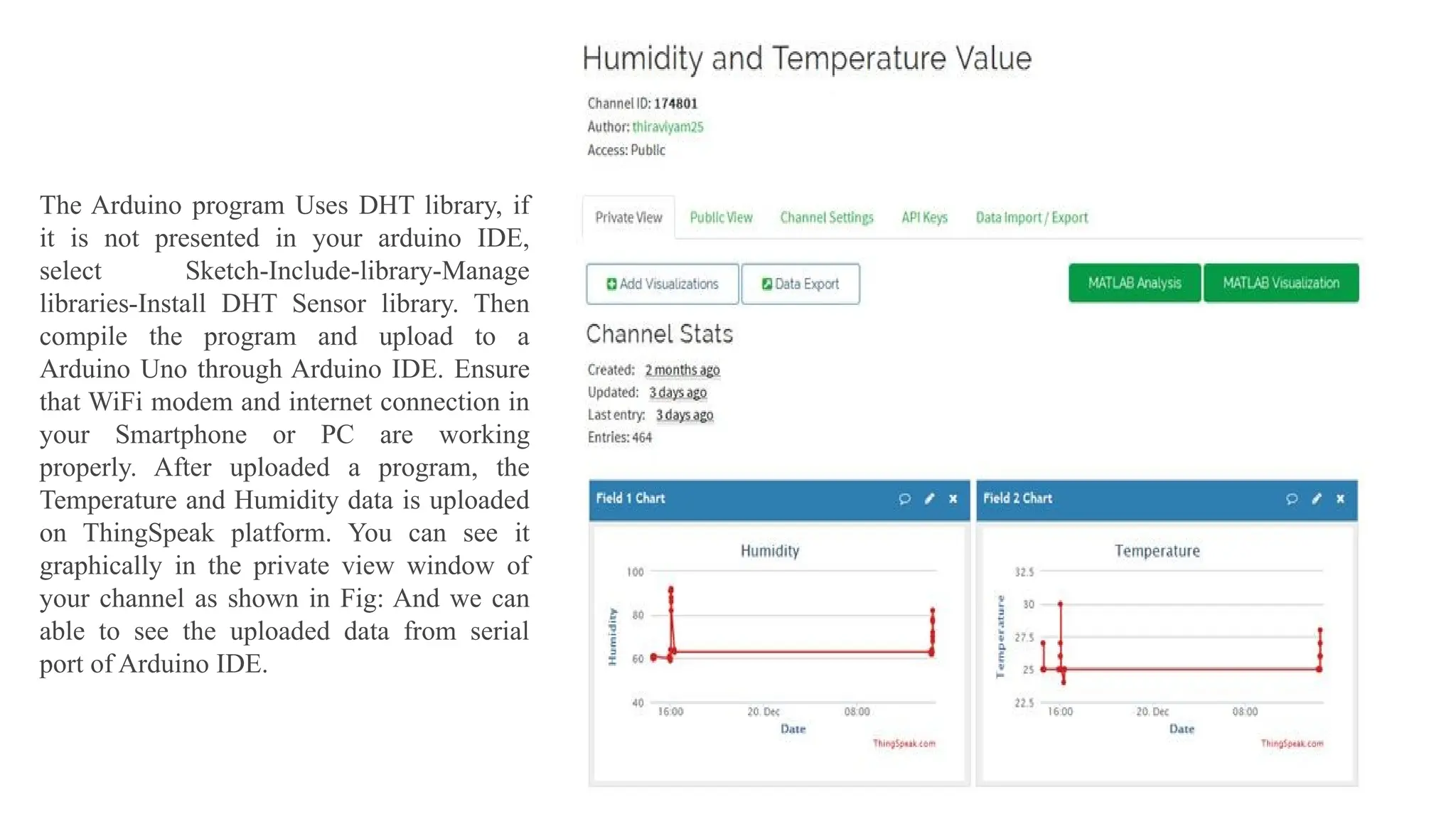 The Arduino program Uses DHT library, if
it is not presented in your arduino IDE,
select Sketch-Include-library-Manage
libraries-Install DHT Sensor library. Then
compile the program and upload to a
Arduino Uno through Arduino IDE. Ensure
that WiFi modem and internet connection in
your Smartphone or PC are working
properly. After uploaded a program, the
Temperature and Humidity data is uploaded
on ThingSpeak platform. You can see it
graphically in the private view window of
your channel as shown in Fig: And we can
able to see the uploaded data from serial
port of Arduino IDE.
 
