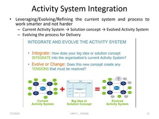 Activity System Integration
• Leveraging/Evolving/Refining the current system and process to
work smarter and not harder
– Current Activity System → Solution concept → Evolved Activity System
– Evolving the process for Delivery
7/7/2022 UNIT V _ EVOLVE 21
 