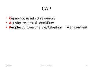 CAP
• Capability, assets & resources
• Activity systems & Workflow
• People/Culture/Change/Adoption Management
7/7/2022 UNIT V _ EVOLVE 35
 