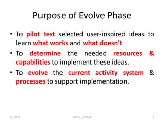Purpose of Evolve Phase
• To pilot test selected user-inspired ideas to
learn what works and what doesn’t
• To determine the needed resources &
capabilities to implement these ideas.
• To evolve the current activity system &
processes to support implementation.
7/7/2022 UNIT V _ EVOLVE 5
 