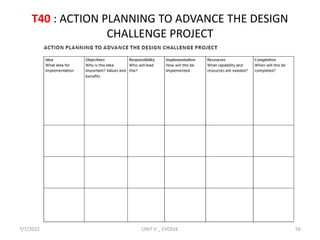 T40 : ACTION PLANNING TO ADVANCE THE DESIGN
CHALLENGE PROJECT
7/7/2022 UNIT V _ EVOLVE 56
 