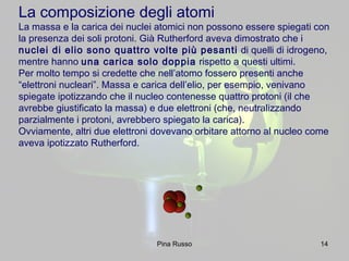 14
La composizione degli atomi
La massa e la carica dei nuclei atomici non possono essere spiegati con
la presenza dei soli protoni. Già Rutherford aveva dimostrato che i
nuclei di elio sono quattro volte più pesanti di quelli di idrogeno,
mentre hanno una carica solo doppia rispetto a questi ultimi.
Per molto tempo si credette che nell’atomo fossero presenti anche
“elettroni nucleari”. Massa e carica dell’elio, per esempio, venivano
spiegate ipotizzando che il nucleo contenesse quattro protoni (il che
avrebbe giustificato la massa) e due elettroni (che, neutralizzando
parzialmente i protoni, avrebbero spiegato la carica).
Ovviamente, altri due elettroni dovevano orbitare attorno al nucleo come
aveva ipotizzato Rutherford.
Pina Russo
 