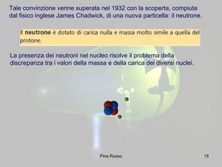 15
La presenza dei neutroni nel nucleo risolve il problema della
discrepanza tra i valori della massa e della carica dei diversi nuclei.
Tale convinzione venne superata nel 1932 con la scoperta, compiuta
dal fisico inglese James Chadwick, di una nuova particella: il neutrone.
Pina Russo
 