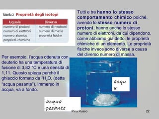22
Tutti e tre hanno lo stesso
comportamento chimico poiché,
avendo lo stesso numero di
protoni, hanno anche lo stesso
numero di elettroni, da cui dipendono,
come abbiamo già detto, le proprietà
chimiche di un elemento. Le proprietà
fisiche invece sono diverse a causa
del diverso numero di massa.
Per esempio, l’acqua ottenuta con
deuterio ha una temperatura di
fusione di 3,82 °C e una densità di
1,11. Questo spiega perché il
ghiaccio formato da 2
H2O, (detta
“acqua pesante”), immerso in
acqua, va a fondo.
acqua
pesante
acqu
a
Pina Russo
 