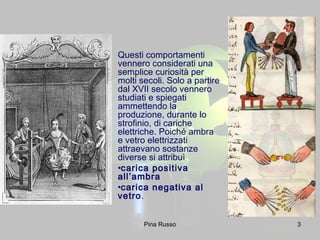 3
Questi comportamenti
vennero considerati una
semplice curiosità per
molti secoli. Solo a partire
dal XVII secolo vennero
studiati e spiegati
ammettendo la
produzione, durante lo
strofinio, di cariche
elettriche. Poiché ambra
e vetro elettrizzati
attraevano sostanze
diverse si attribuì
•carica positiva
all’ambra
•carica negativa al
vetro.
Pina Russo
 