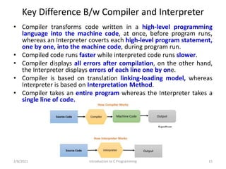 Key Difference B/w Compiler and Interpreter
• Compiler transforms code written in a high-level programming
language into the machine code, at once, before program runs,
whereas an Interpreter coverts each high-level program statement,
one by one, into the machine code, during program run.
• Compiled code runs faster while interpreted code runs slower.
• Compiler displays all errors after compilation, on the other hand,
the Interpreter displays errors of each line one by one.
• Compiler is based on translation linking-loading model, whereas
Interpreter is based on Interpretation Method.
• Compiler takes an entire program whereas the Interpreter takes a
single line of code.
2/8/2021 Introduction to C Programming 15
 