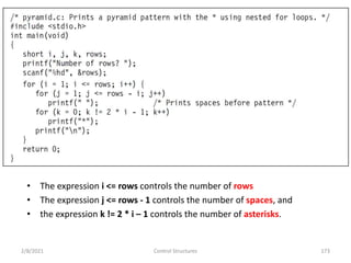 2/8/2021 Control Structures 173
• The expression i <= rows controls the number of rows
• The expression j <= rows - 1 controls the number of spaces, and
• the expression k != 2 * i – 1 controls the number of asterisks.
 