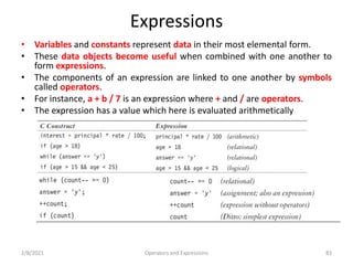 Expressions
• Variables and constants represent data in their most elemental form.
• These data objects become useful when combined with one another to
form expressions.
• The components of an expression are linked to one another by symbols
called operators.
• For instance, a + b / 7 is an expression where + and / are operators.
• The expression has a value which here is evaluated arithmetically
2/8/2021 Operators and Expressions 83
 