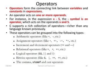 Operators
• Operators form the connecting link between variables and
constants in expressions.
• An operator acts on one or more operands.
• For instance, in the expression x - 5, the - symbol is an
operator, which acts on the operands x and 5.
• C supports a rich collection of operators—richer than any
language known previously.
• These operators can be grouped into the following types:
2/8/2021 Operators and Expressions 84
 