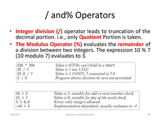 / and% Operators
• Integer division (/) operator leads to truncation of the
decimal portion. i.e., only Quotient Portion is taken.
• The Modulus Operator (%) evaluates the remainder of
a division between two integers. The expression 10 % 7
(10 modulo 7) evaluates to 3.
2/8/2021 Operators and Expressions 90
 