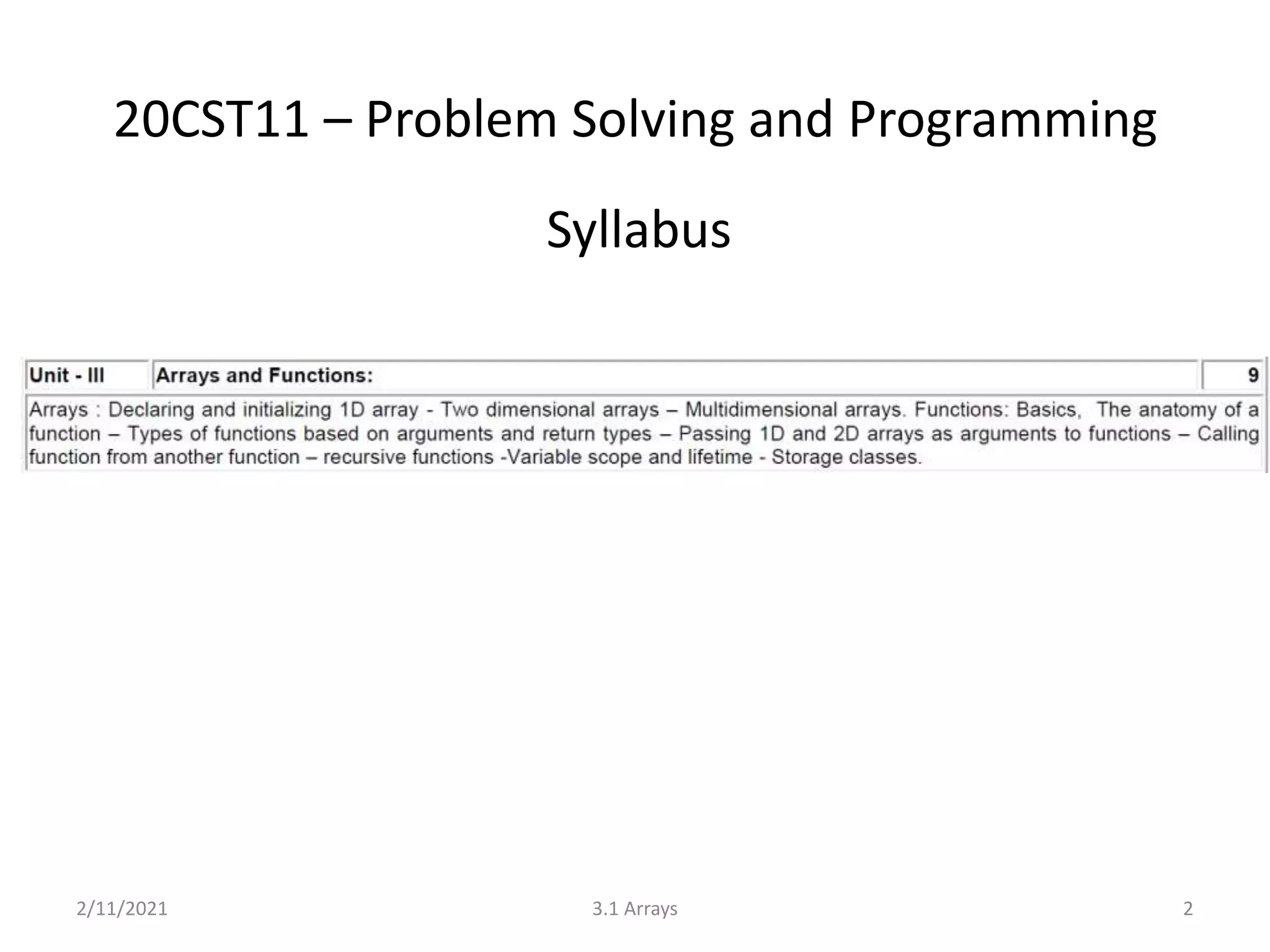 20CST11 – Problem Solving and Programming
2/11/2021 3.1 Arrays 2
Syllabus
 