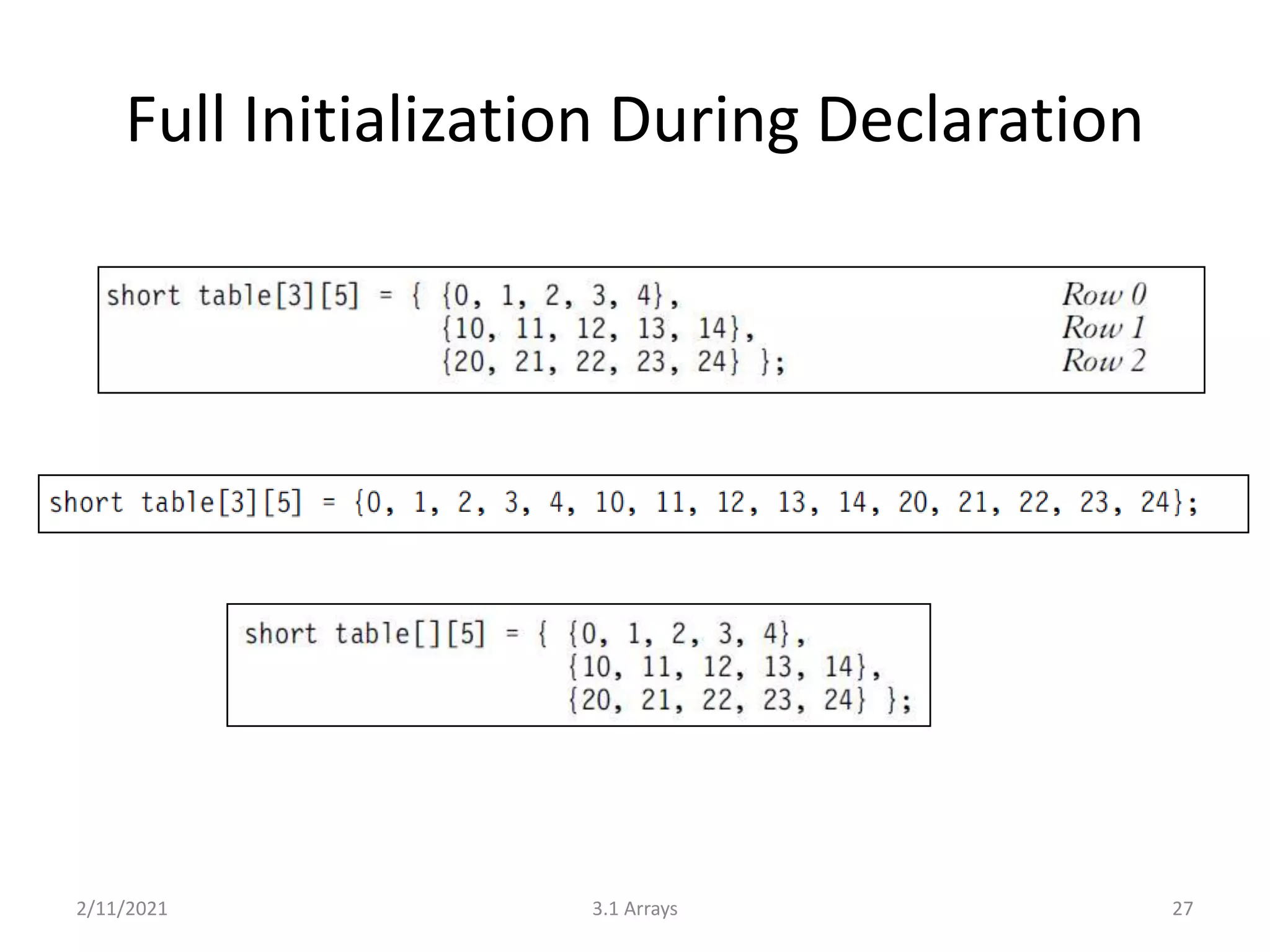 Full Initialization During Declaration
2/11/2021 3.1 Arrays 27
 