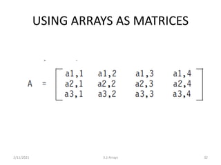 USING ARRAYS AS MATRICES
2/11/2021 3.1 Arrays 32
 