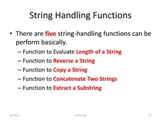 String Handling Functions
• There are five string-handling functions can be
perform basically.
– Function to Evaluate Leng...