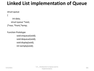 Linked List implementation of Queue
struct queue
{
int data;
struct queue *next;
}*rear, *front,*temp;
Function Prototype
void enqueue(void);
void dequeue(void);
void display(void);
int isempty(void);
7/15/2021 101
5.4 _ Introduction to Queue and its
Implementation
 