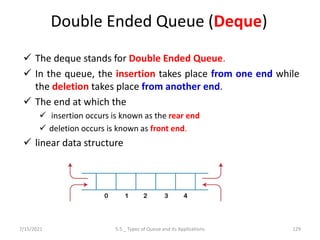 Double Ended Queue (Deque)
 The deque stands for Double Ended Queue.
 In the queue, the insertion takes place from one end while
the deletion takes place from another end.
 The end at which the
 insertion occurs is known as the rear end
 deletion occurs is known as front end.
 linear data structure
7/15/2021 129
5.5 _ Types of Queue and its Applications
 