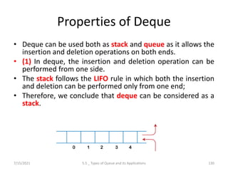 Properties of Deque
• Deque can be used both as stack and queue as it allows the
insertion and deletion operations on both ends.
• (1) In deque, the insertion and deletion operation can be
performed from one side.
• The stack follows the LIFO rule in which both the insertion
and deletion can be performed only from one end;
• Therefore, we conclude that deque can be considered as a
stack.
7/15/2021 5.5 _ Types of Queue and its Applications 130
 