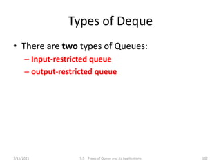 Types of Deque
• There are two types of Queues:
– Input-restricted queue
– output-restricted queue
7/15/2021 5.5 _ Types of Queue and its Applications 132
 