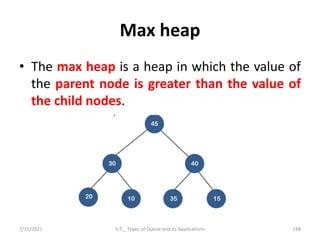 Max heap
• The max heap is a heap in which the value of
the parent node is greater than the value of
the child nodes.
7/15/2021 5.5 _ Types of Queue and its Applications 148
 