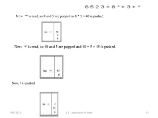 7/15/2021
Now '*' is read, so 8 and 5 are popped as 8 * 5 = 40 is pushed.
73
5.3 _ Application of Stack
 