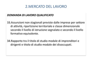 2.MERCATO DEL LAVORO

DOMANDA DI LAVORO QUALIFICATO

33.Assunzioni non stagionali previste dalle imprese per settore
  di attività, ripartizione territoriale e classe dimensionale
  secondo il livello di istruzione segnalato e secondo il livello
  formativo equivalente.

34.Rapporto tra il titolo di studio modale di imprenditori e
  dirigenti e titolo di studio modale dei disoccupati.
 