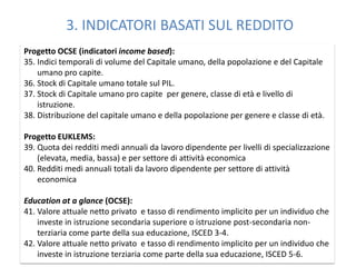 3. INDICATORI BASATI SUL REDDITO
Progetto OCSE (indicatori income based):
35. Indici temporali di volume del Capitale umano, della popolazione e del Capitale
    umano pro capite.
36. Stock di Capitale umano totale sul PIL.
37. Stock di Capitale umano pro capite per genere, classe di età e livello di
    istruzione.
38. Distribuzione del capitale umano e della popolazione per genere e classe di età.

Progetto EUKLEMS:
39. Quota dei redditi medi annuali da lavoro dipendente per livelli di specializzazione
    (elevata, media, bassa) e per settore di attività economica
40. Redditi medi annuali totali da lavoro dipendente per settore di attività
    economica

Education at a glance (OCSE):
41. Valore attuale netto privato e tasso di rendimento implicito per un individuo che
    investe in istruzione secondaria superiore o istruzione post-secondaria non-
    terziaria come parte della sua educazione, ISCED 3-4.
42. Valore attuale netto privato e tasso di rendimento implicito per un individuo che
    investe in istruzione terziaria come parte della sua educazione, ISCED 5-6.
 